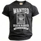 Black t-shirt with "WANTED DEAD OR MARRIED" text and placeholder for groom's photo.