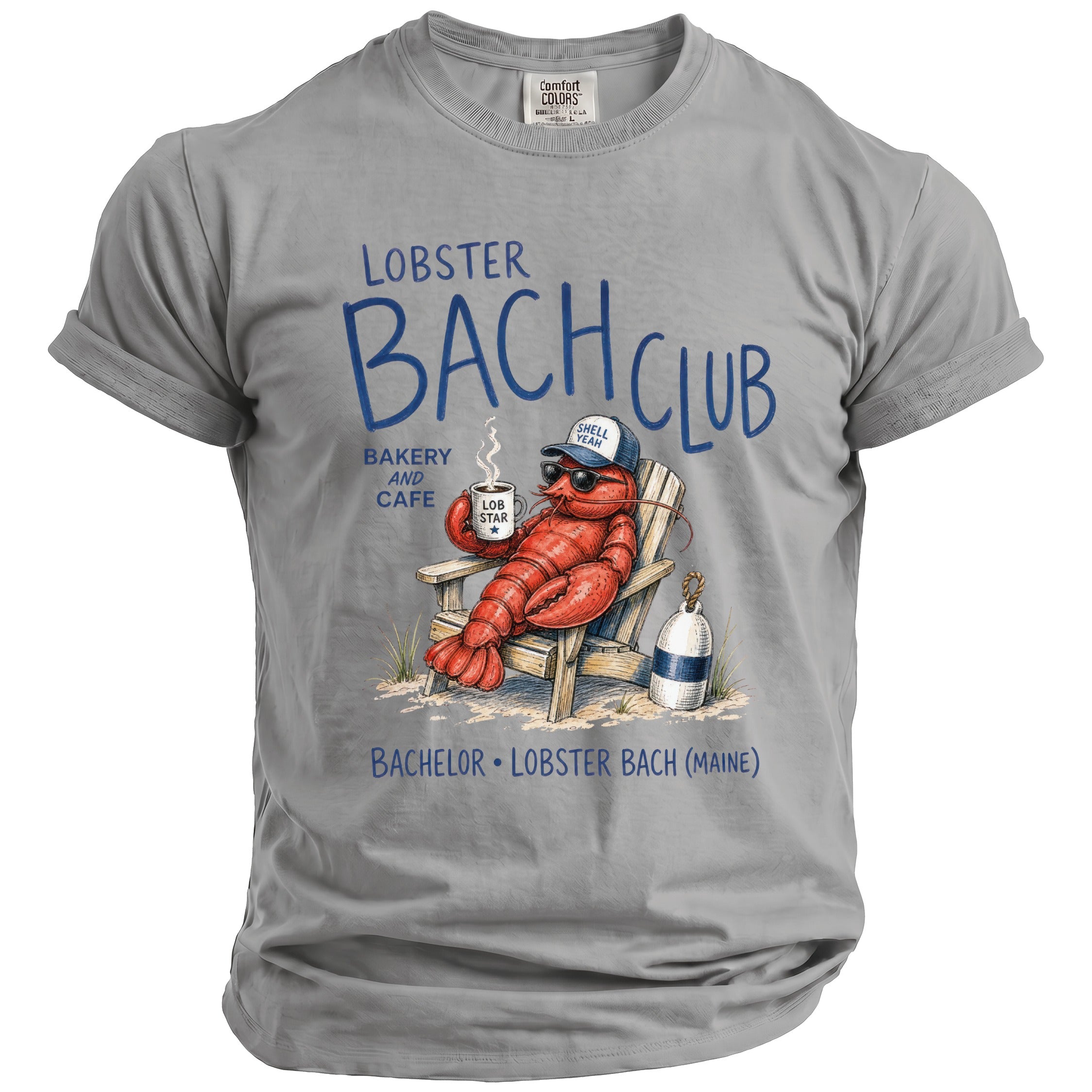 Lobster Bach Club Bakery and Cafe graphic t-shirt with lobster character.