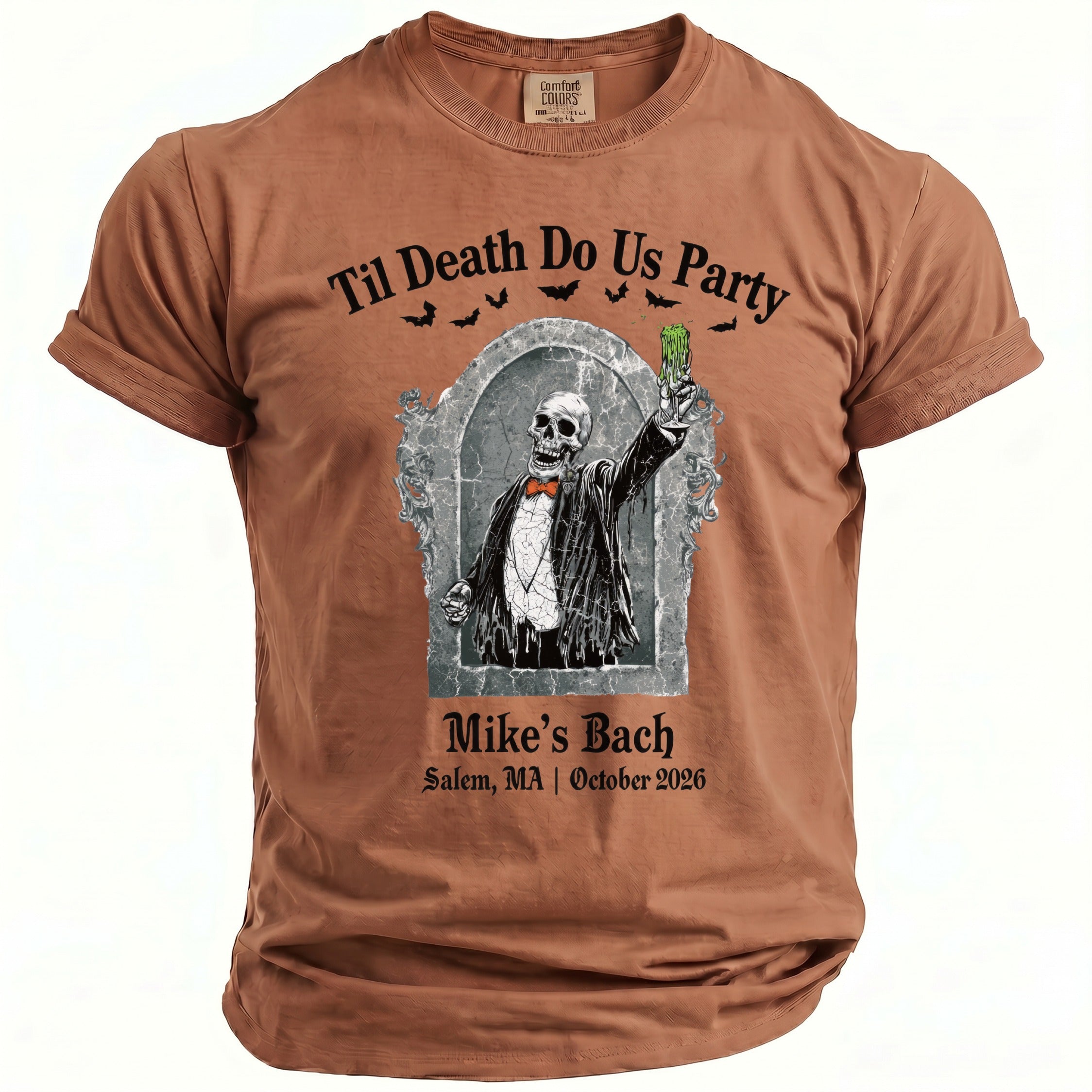 Brown t-shirt with "Til Death Do Us Party" and skull graphic.