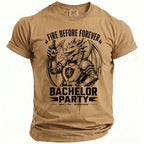 Tan t-shirt with a knight dragon holding a beer and text "Fire Before Forever Bachelor Party".