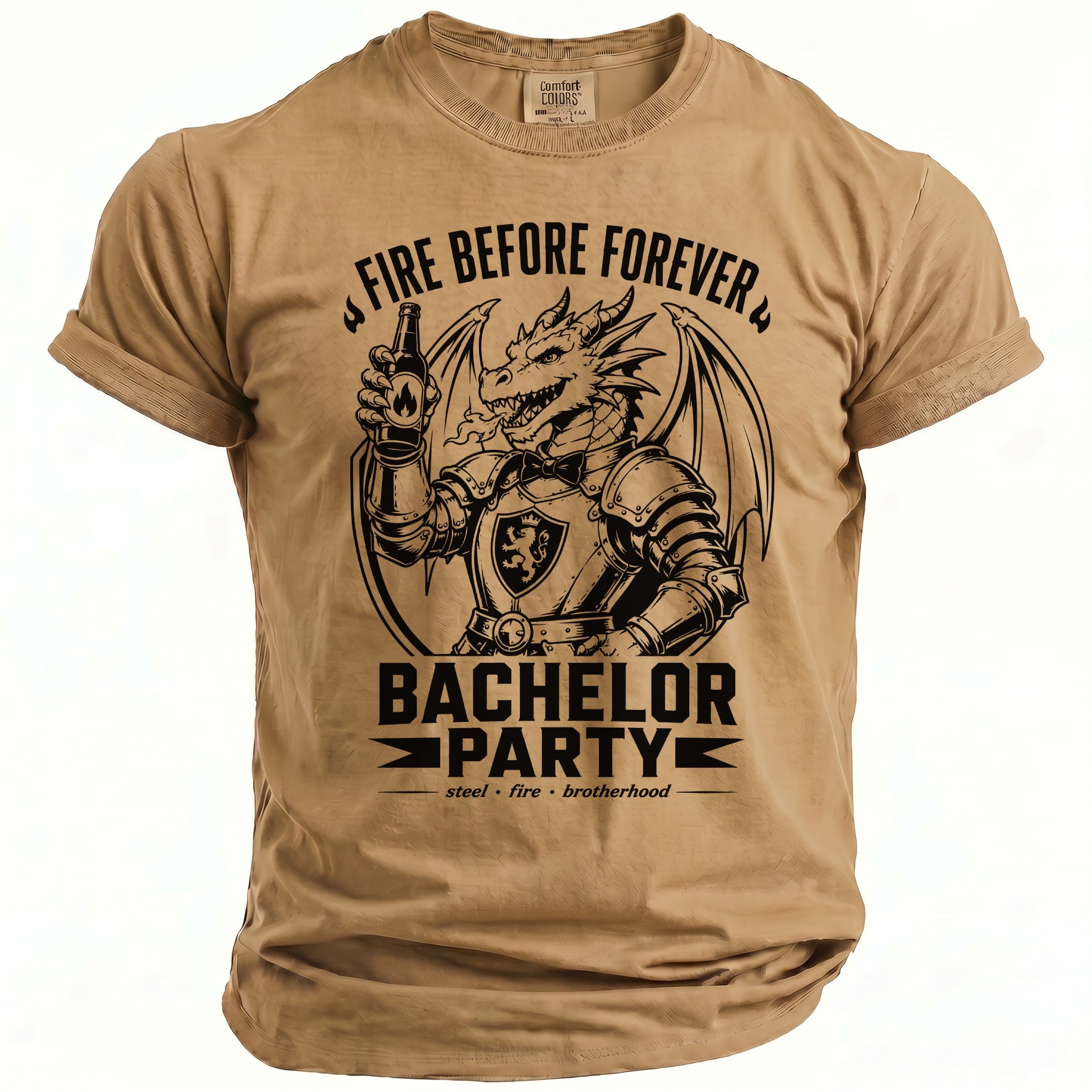 Tan t-shirt with a knight dragon holding a beer and text "Fire Before Forever Bachelor Party".