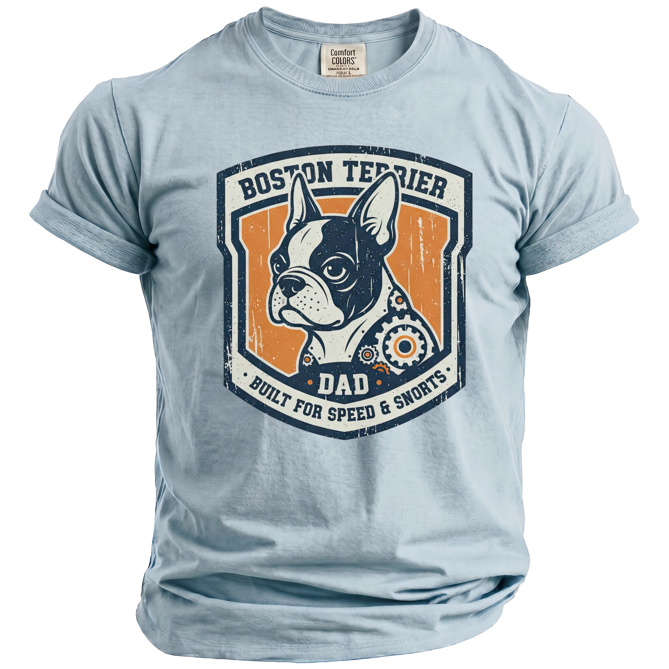 Light blue t-shirt with Boston Terrier dad design, "Built for Speed & Snorts".