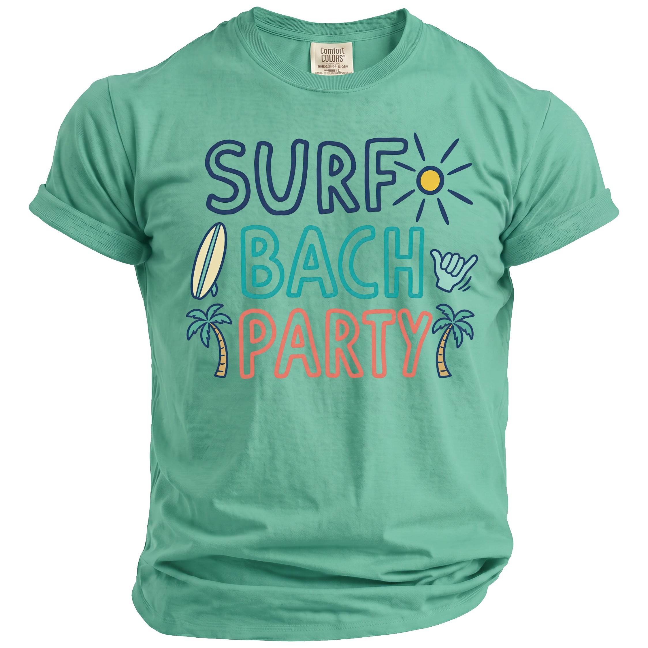 Teal t-shirt with "SURF BACH PARTY" text, surfboard, shaka, and palm trees.