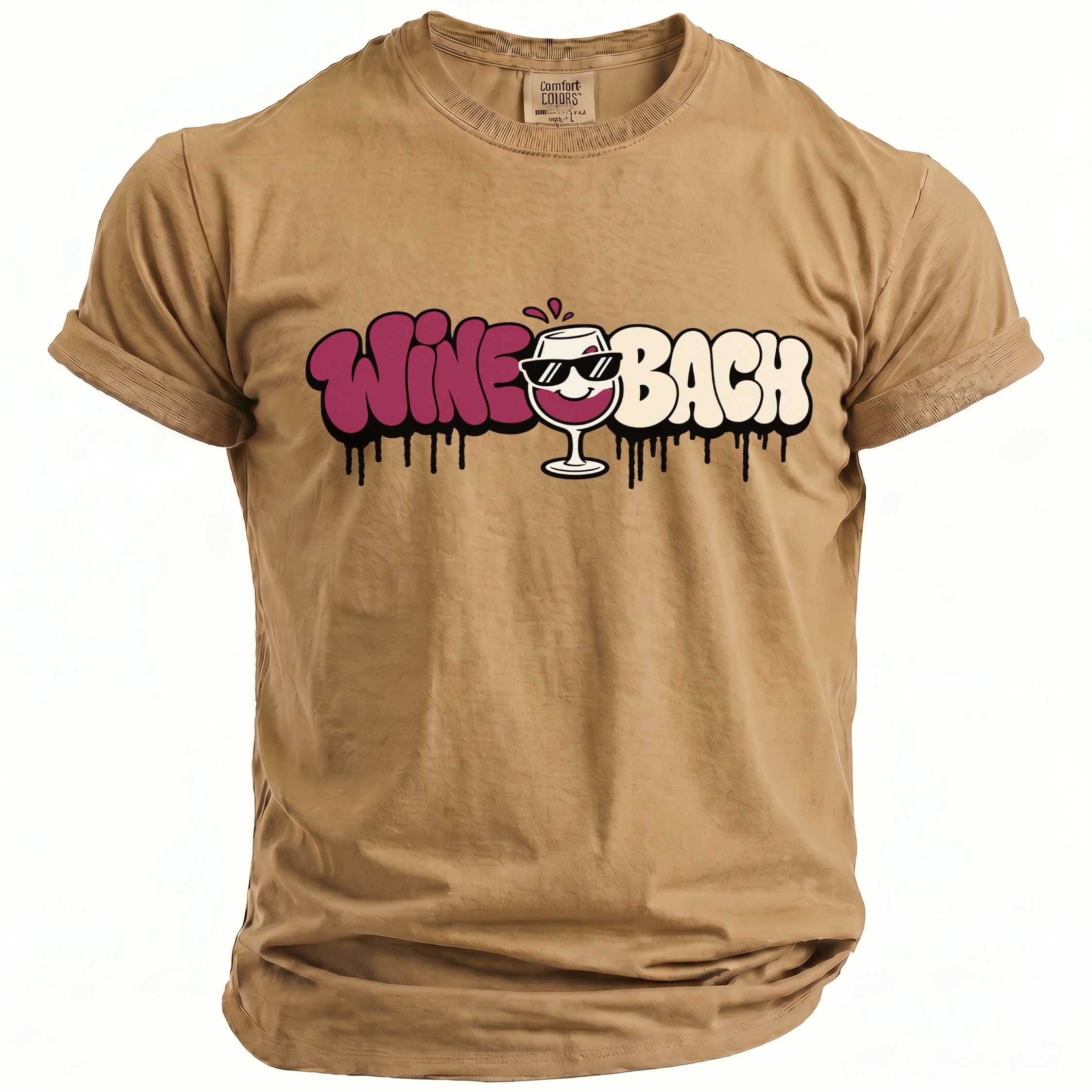 Tan t-shirt with "Wine O'Clock" text and a graphic of a wine glass.