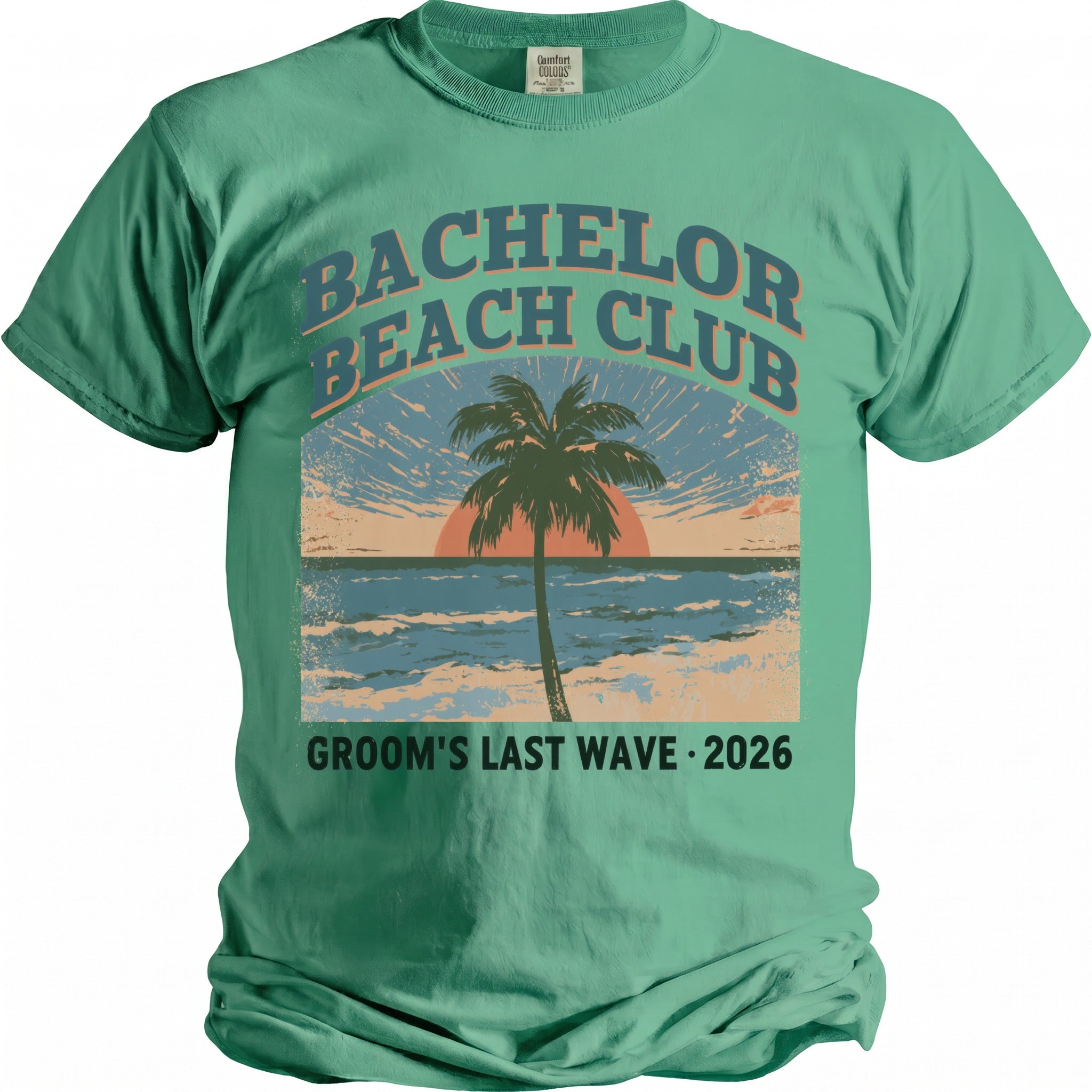 Green t-shirt with "Bachelor Beach Club Groom's Last Wave 2026" text and retro beach graphic.