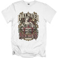 White t-shirt with "Holy Water Bad Ideas" text and fountain illustration.