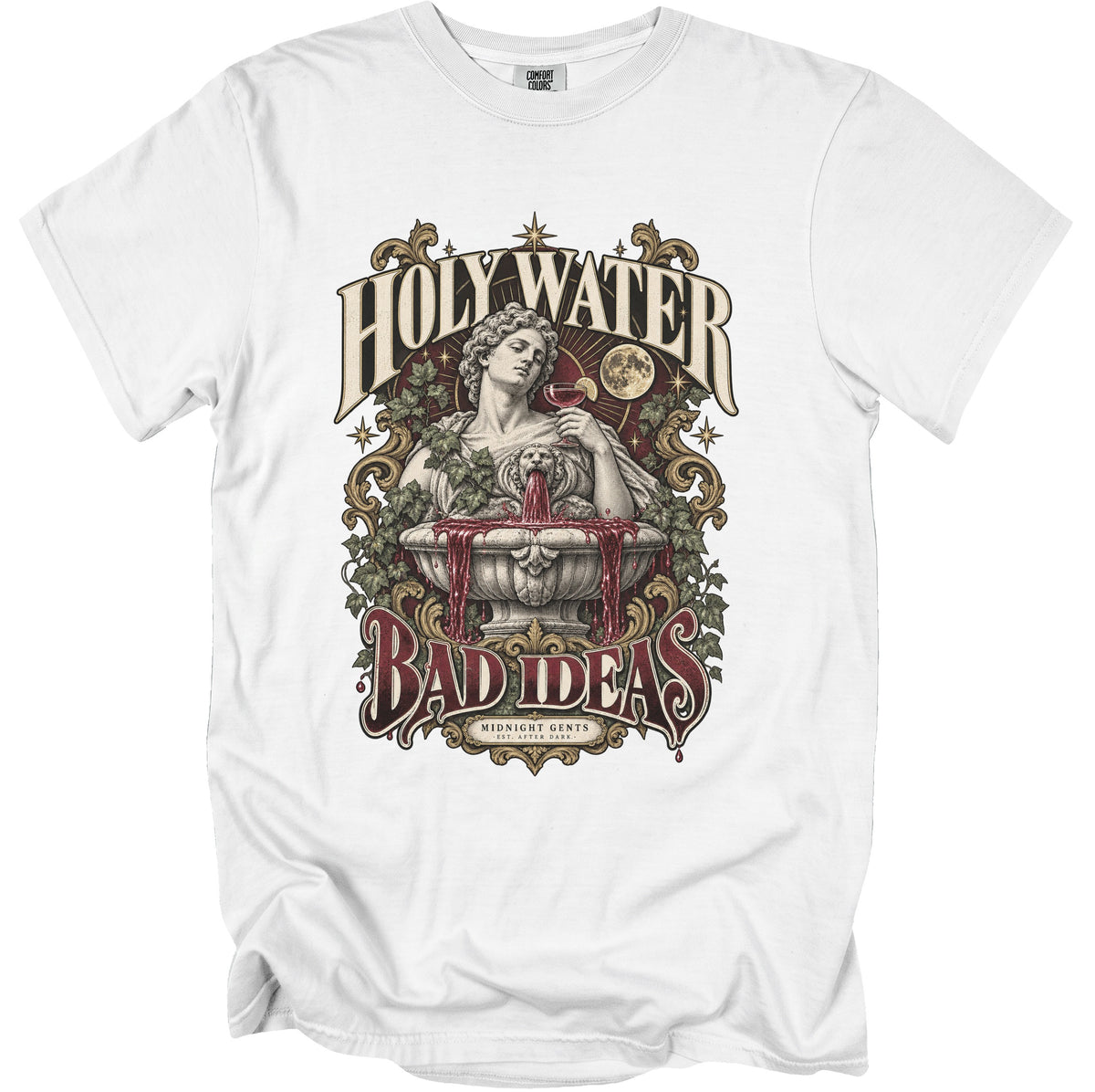 White t-shirt with "Holy Water Bad Ideas" text and fountain illustration.