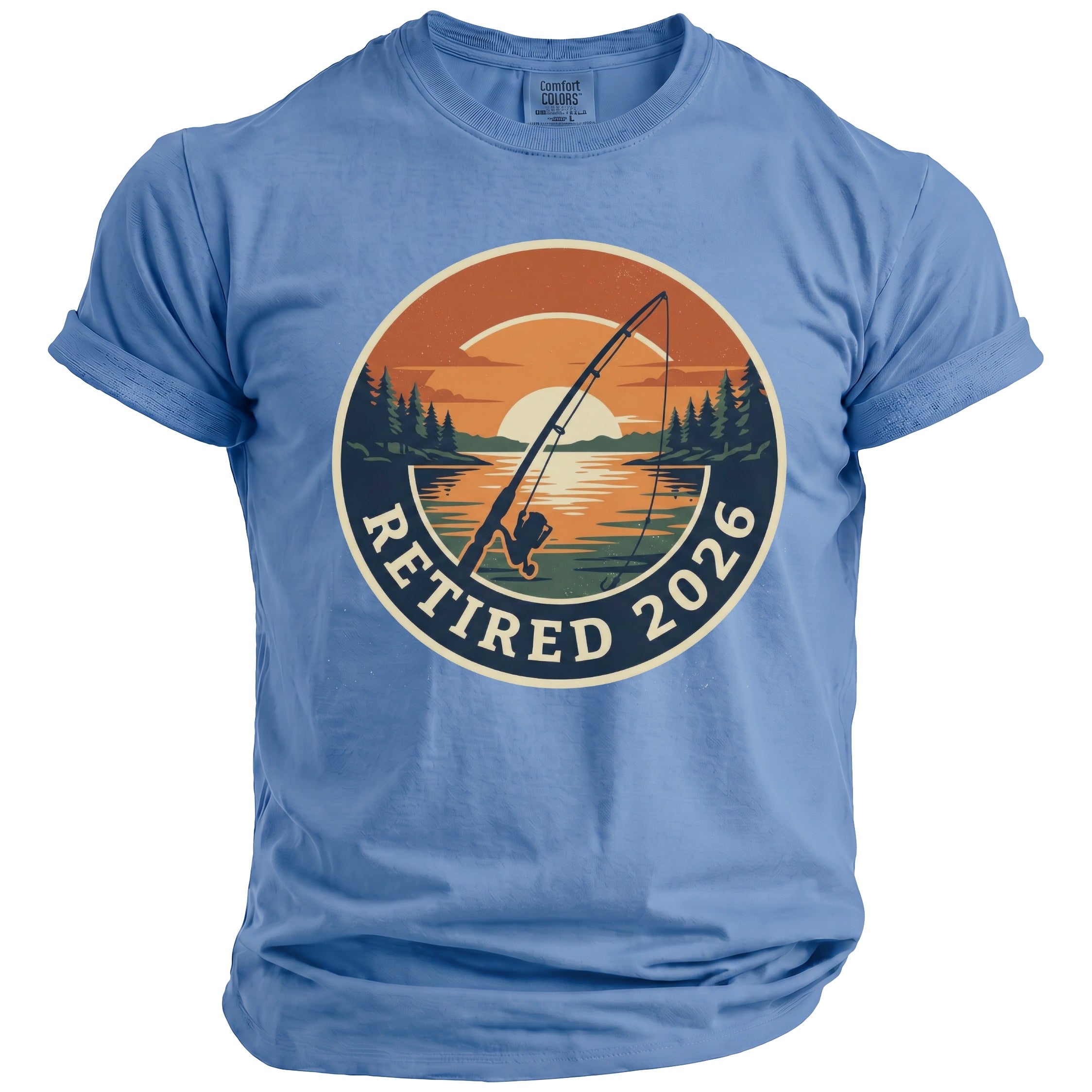 Blue t-shirt with "Retired 2026" fishing scene graphic.