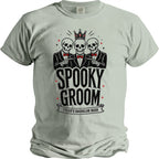 T-shirt graphic of three skeletons in suits with the text "Spooky Groom Tyler's Bachelor Bash."