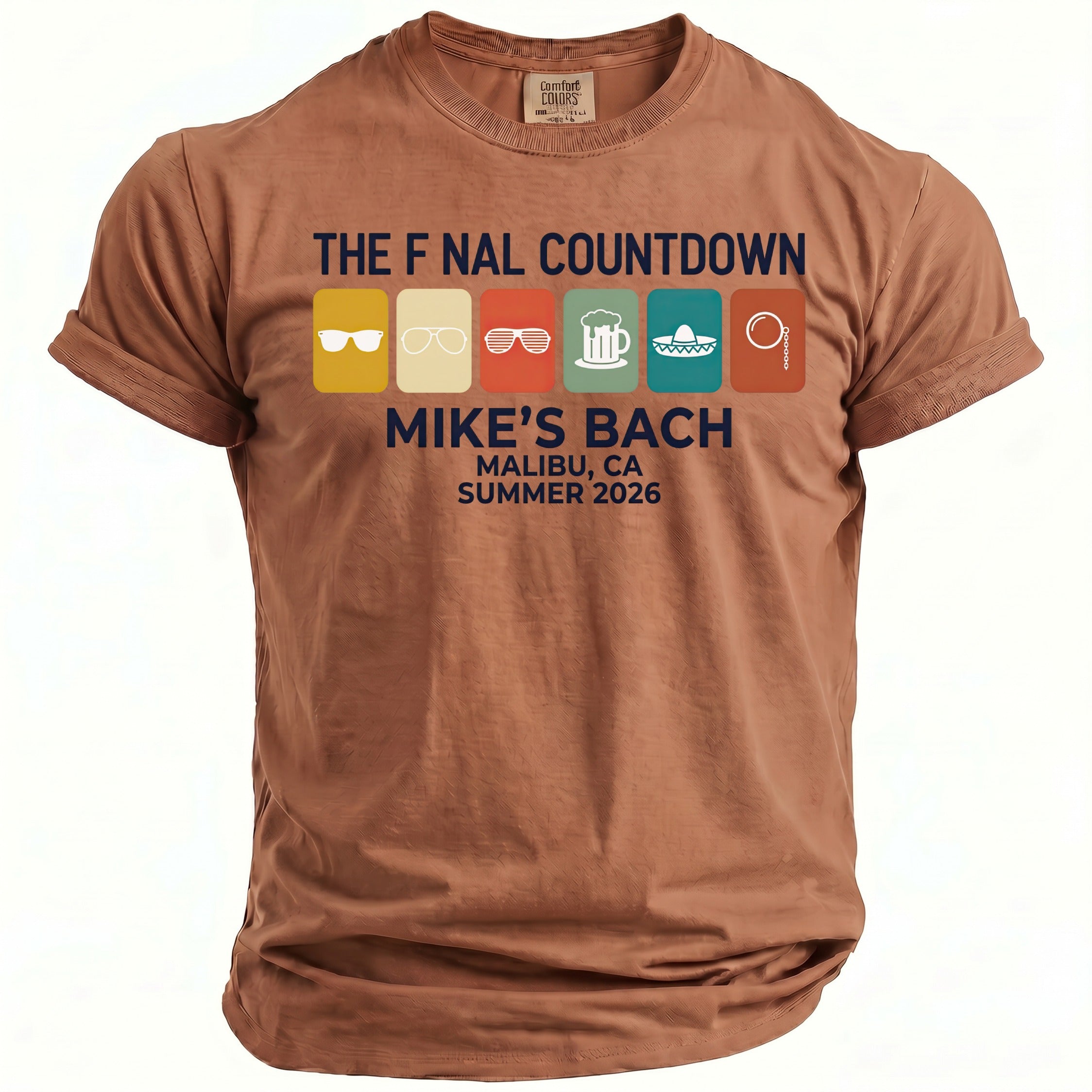 Brown t-shirt with "The Final Countdown" and icons for a bachelor party.