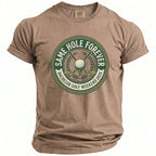 Taupe t-shirt with "Same Hole Forever Bachelor Golf Weekend 2026" graphic.