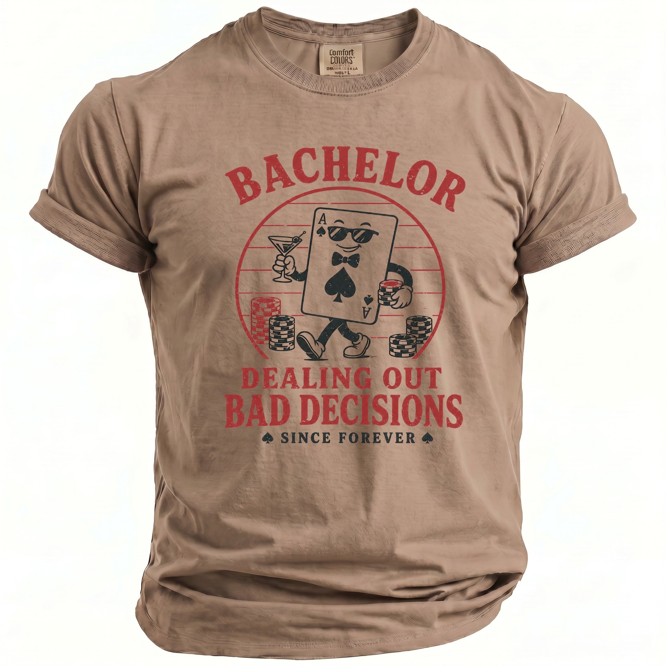T-shirt with graphic of a cartoon Ace of Spades dealing bad decisions.