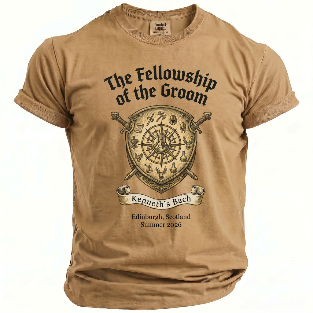 Tan t-shirt with "The Fellowship of the Groom" design.