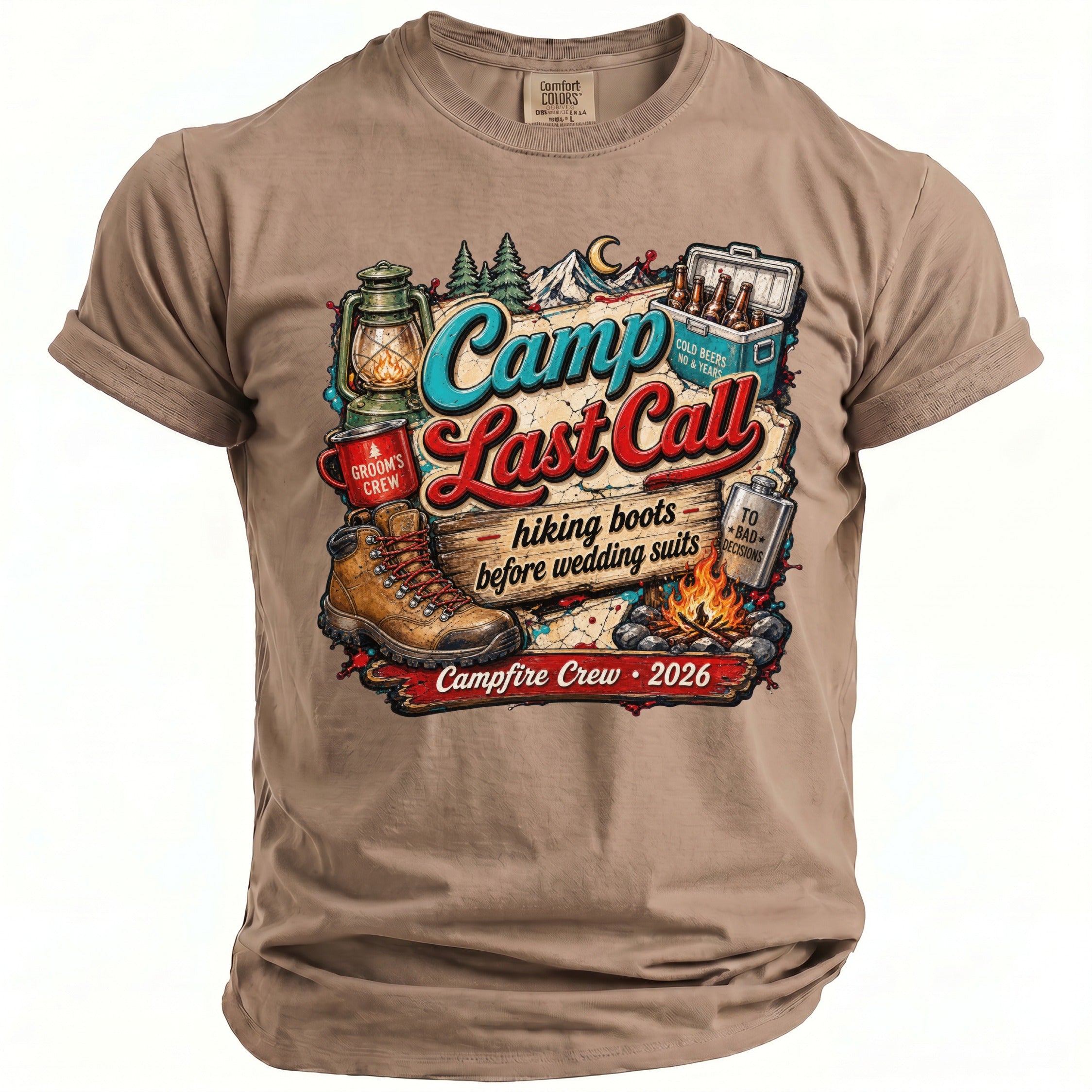 A tan crewneck t-shirt featuring a camping graphic with text reading Camp Last Call and Campfire Crew 2026.