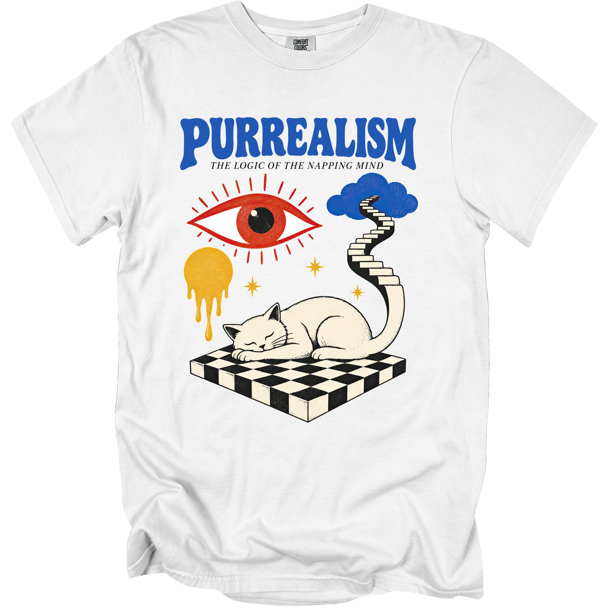 White t-shirt with "PURREALISM THE LOGIC OF THE NAPPING MIND" text and surreal cat graphic.