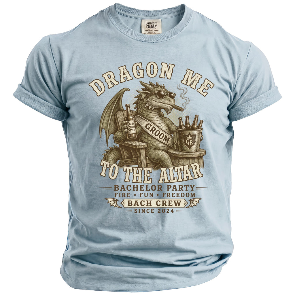 Light blue t-shirt with a dragon graphic that says "Dragon Me To The Altar."
