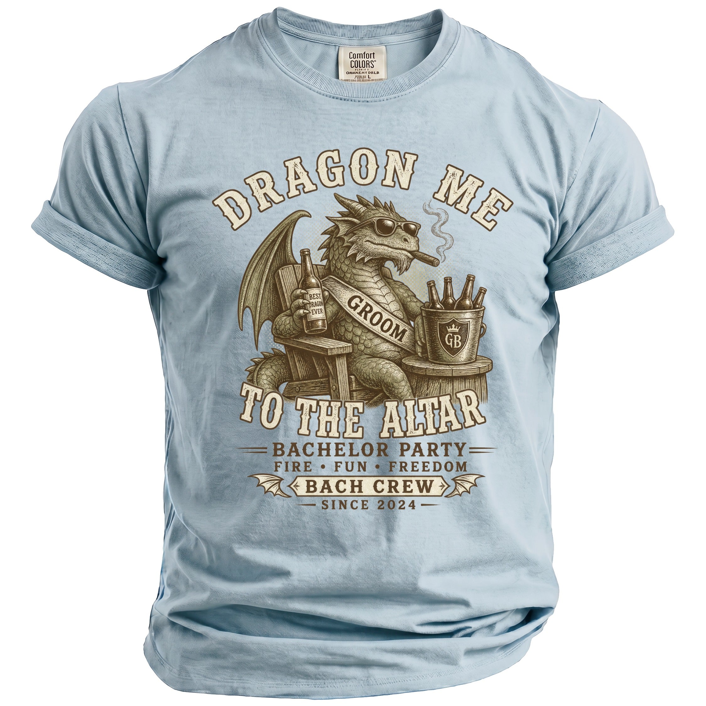 Light blue t-shirt with a dragon graphic that says "Dragon Me To The Altar."