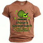 Brown graphic t-shirt with text "party mode: on chase's savage bach ibiza, spain summer 2026".