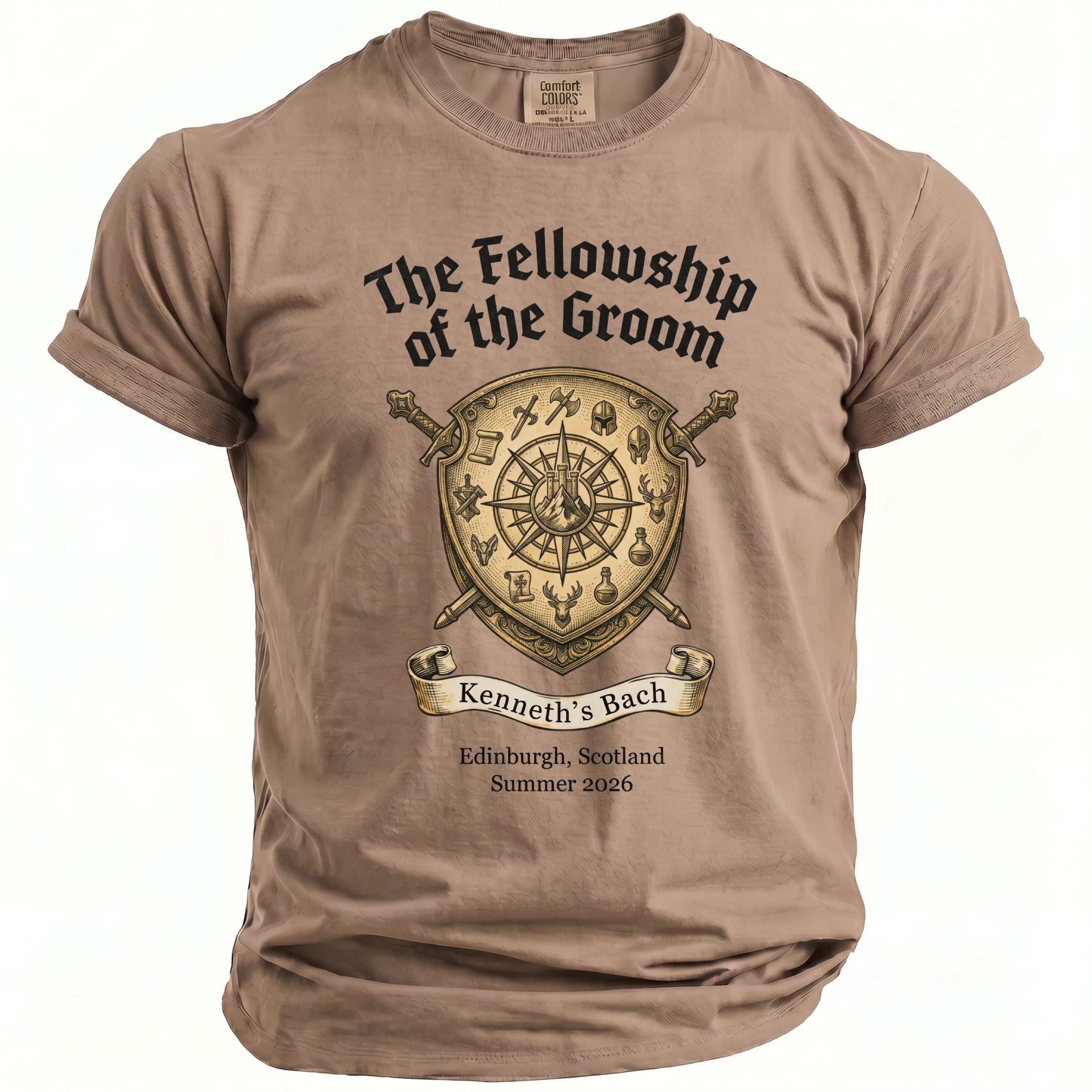 T-shirt with "The Fellowship of the Groom" and shield graphic.