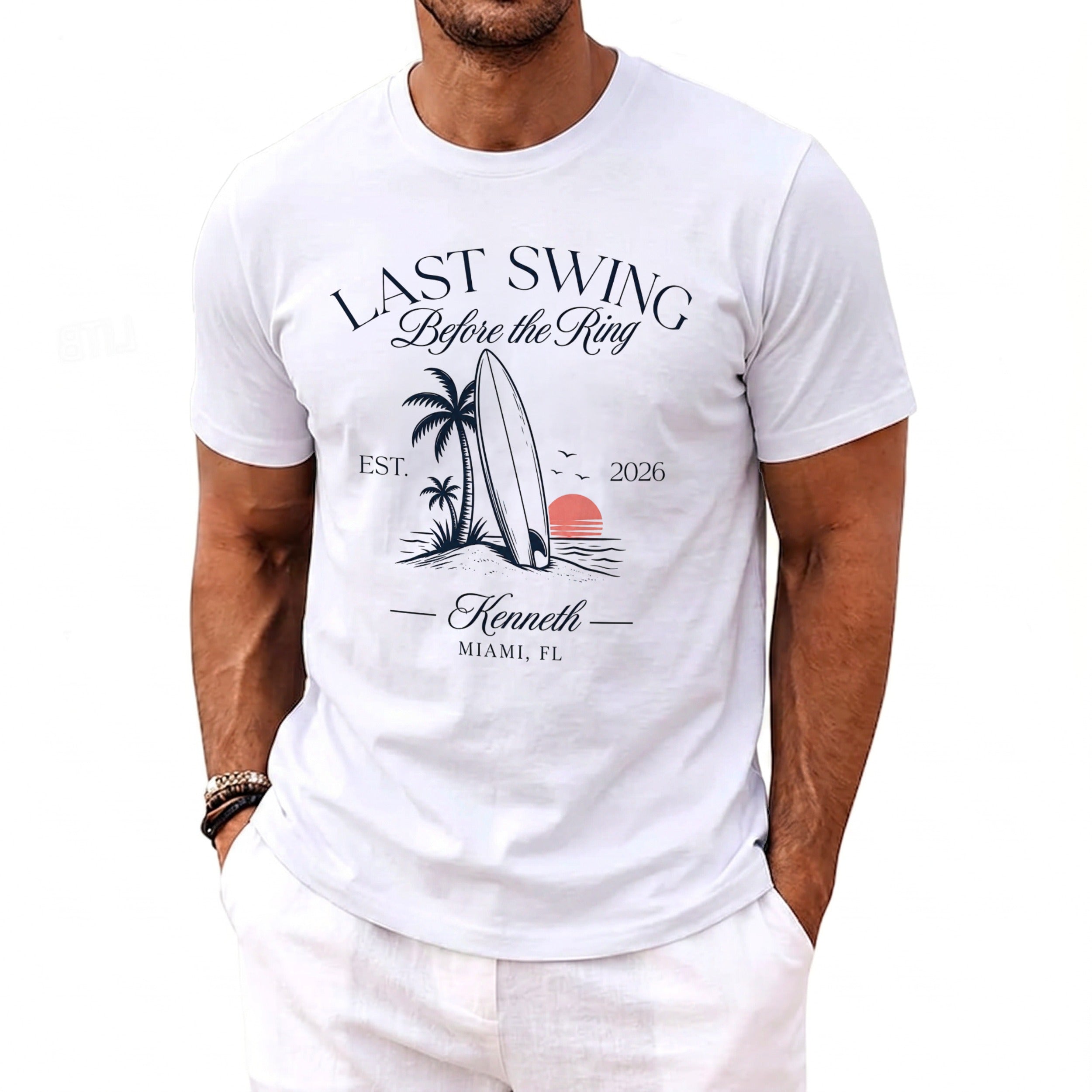 White t-shirt with "Last Swing Before the Ring, Est. 2026, Kenneth, Miami, FL" text.