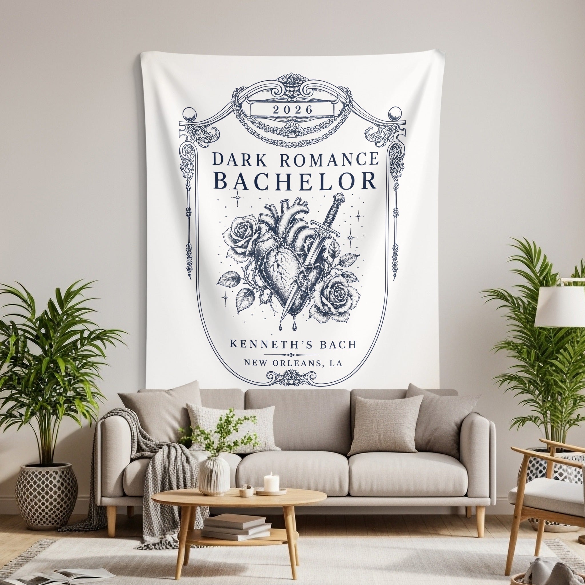 Tapestry with "Dark Romance Bachelor Kenneth's Bach New Orleans LA 2026" and a heart emblem.