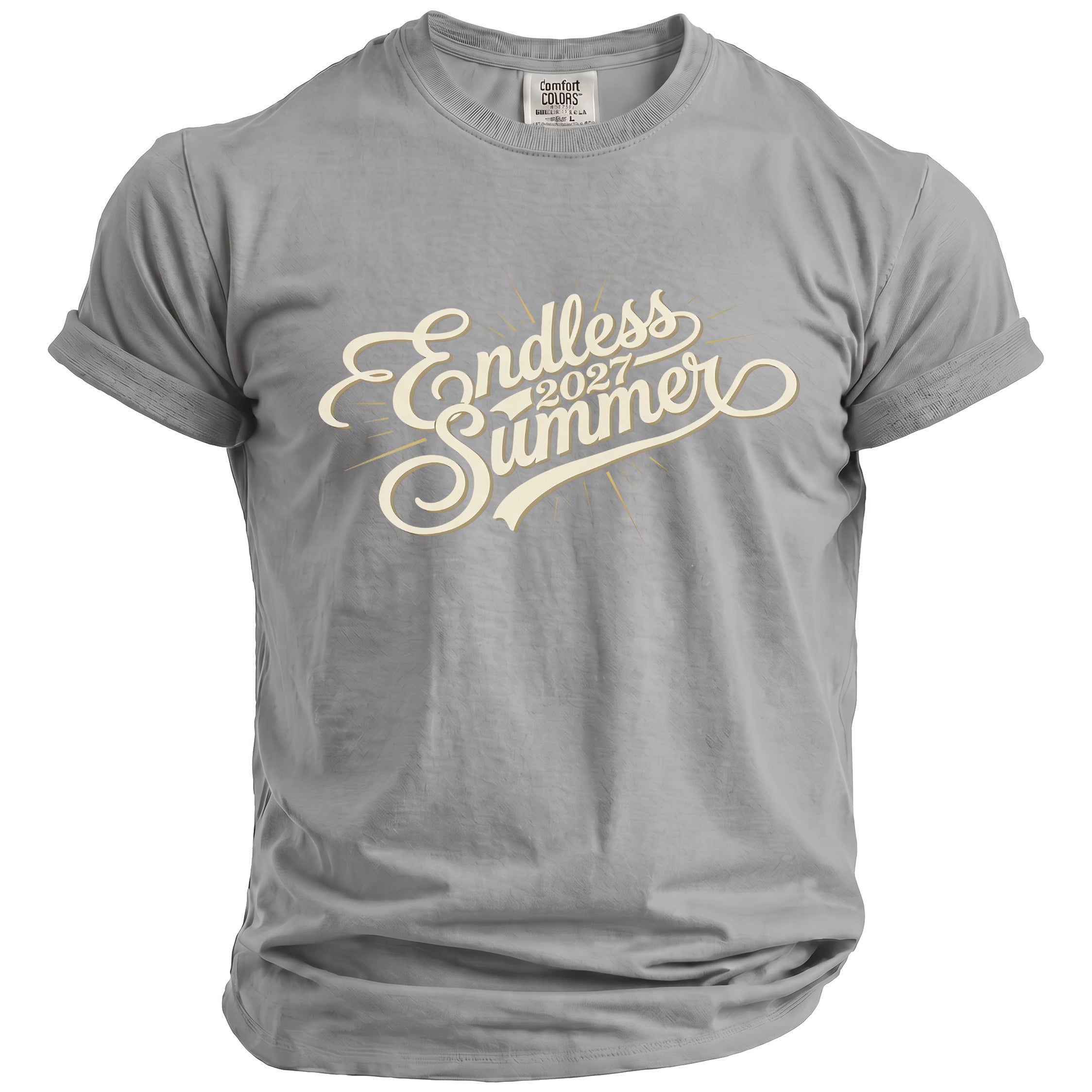 Grey t-shirt with "Endless Summer 2027" text graphic.