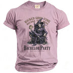 Pink t-shirt with a witch holding a ring and text "Wicked Good Time Before The Ring Bachelor Party".