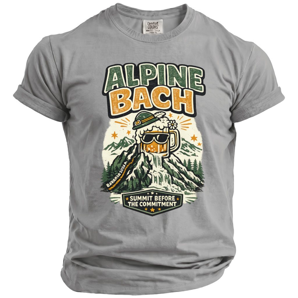 T-shirt with "Alpine Bach" text and beer mug on a mountain design.