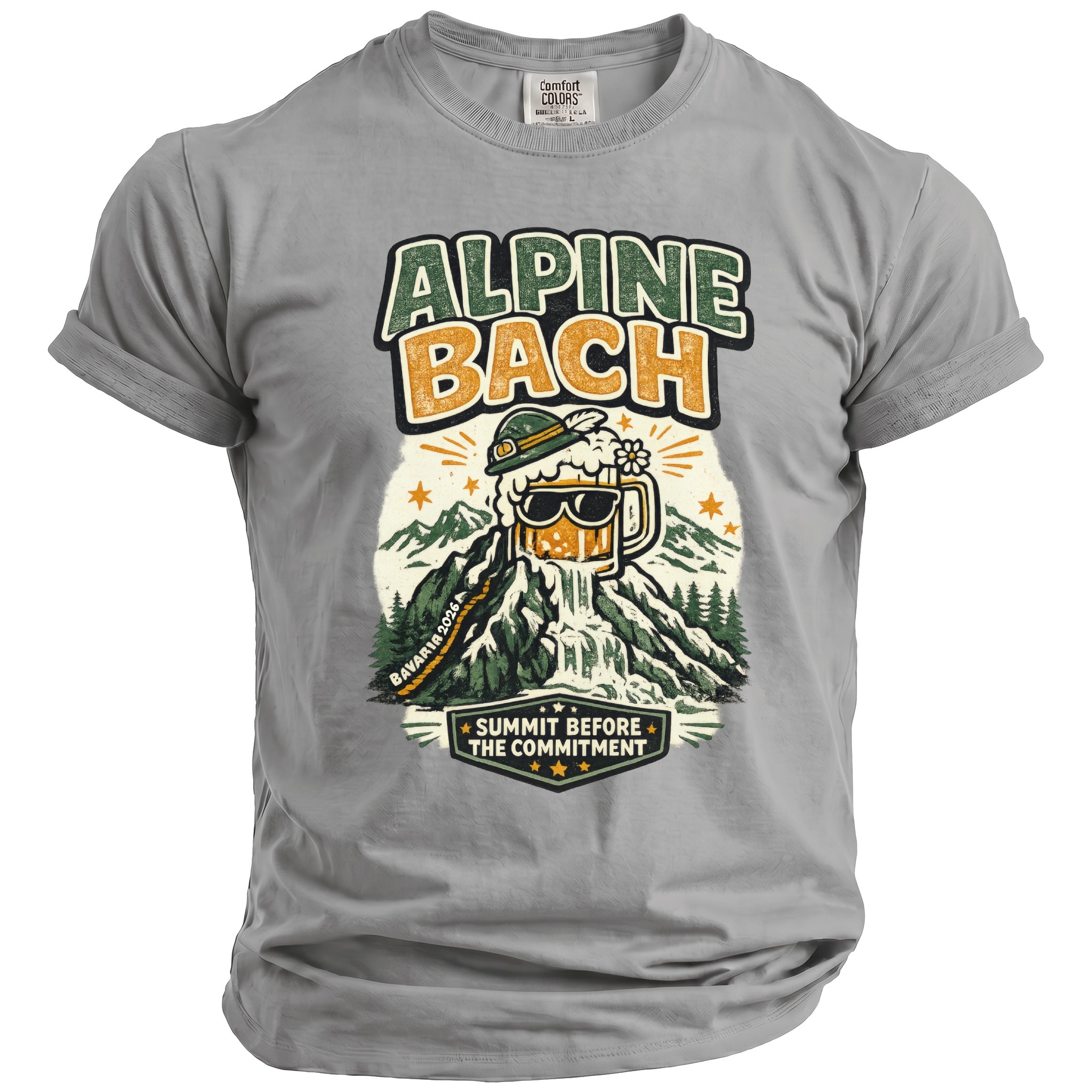 T-shirt with "Alpine Bach" text and beer mug on a mountain design.