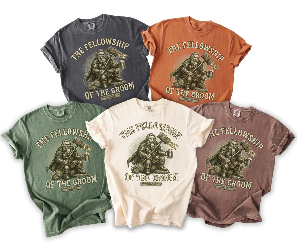 The Fellowship of the Groom t-shirts feature artwork of a dwarf with a hammer and beer.