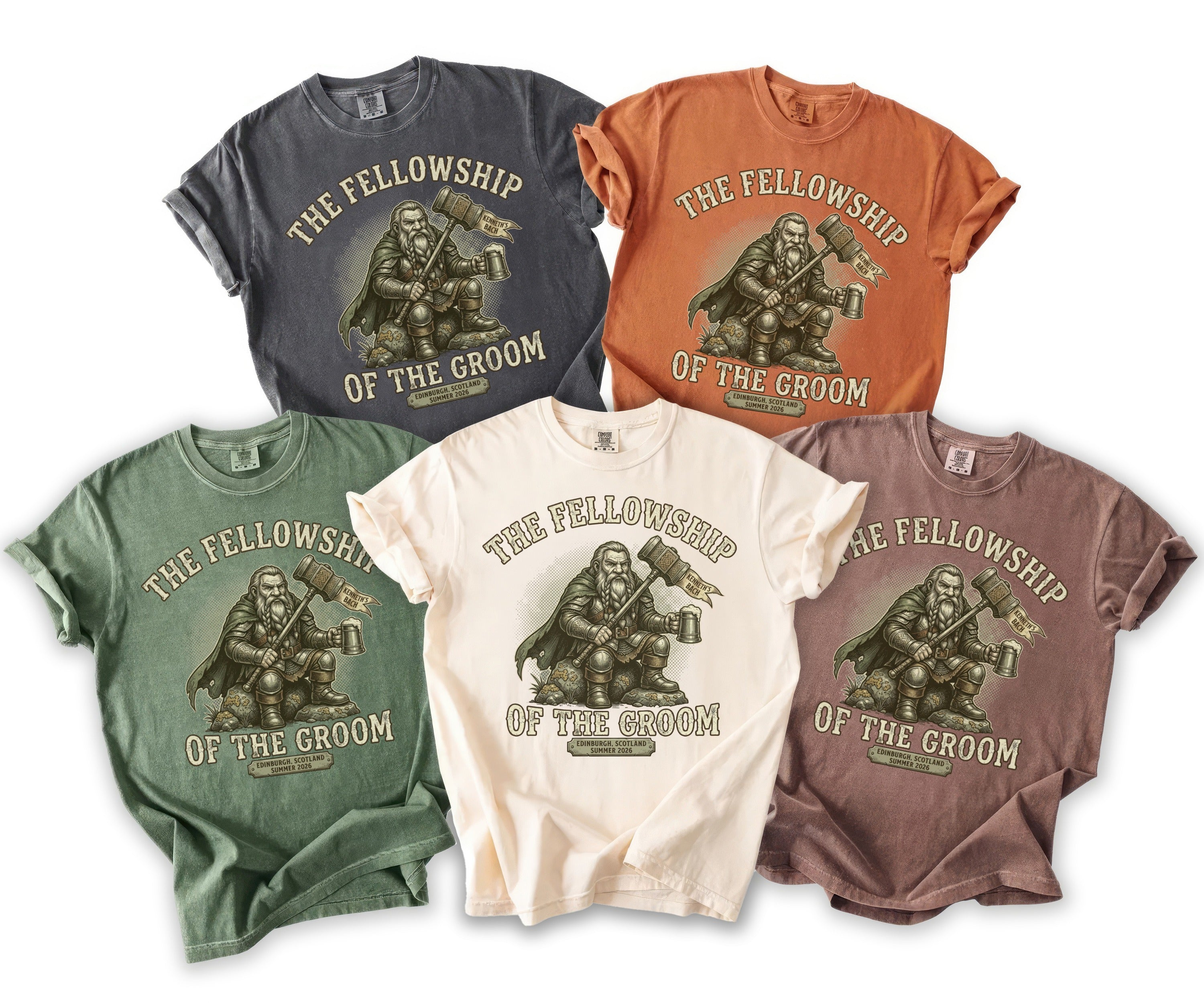 The Fellowship of the Groom t-shirts feature artwork of a dwarf with a hammer and beer.