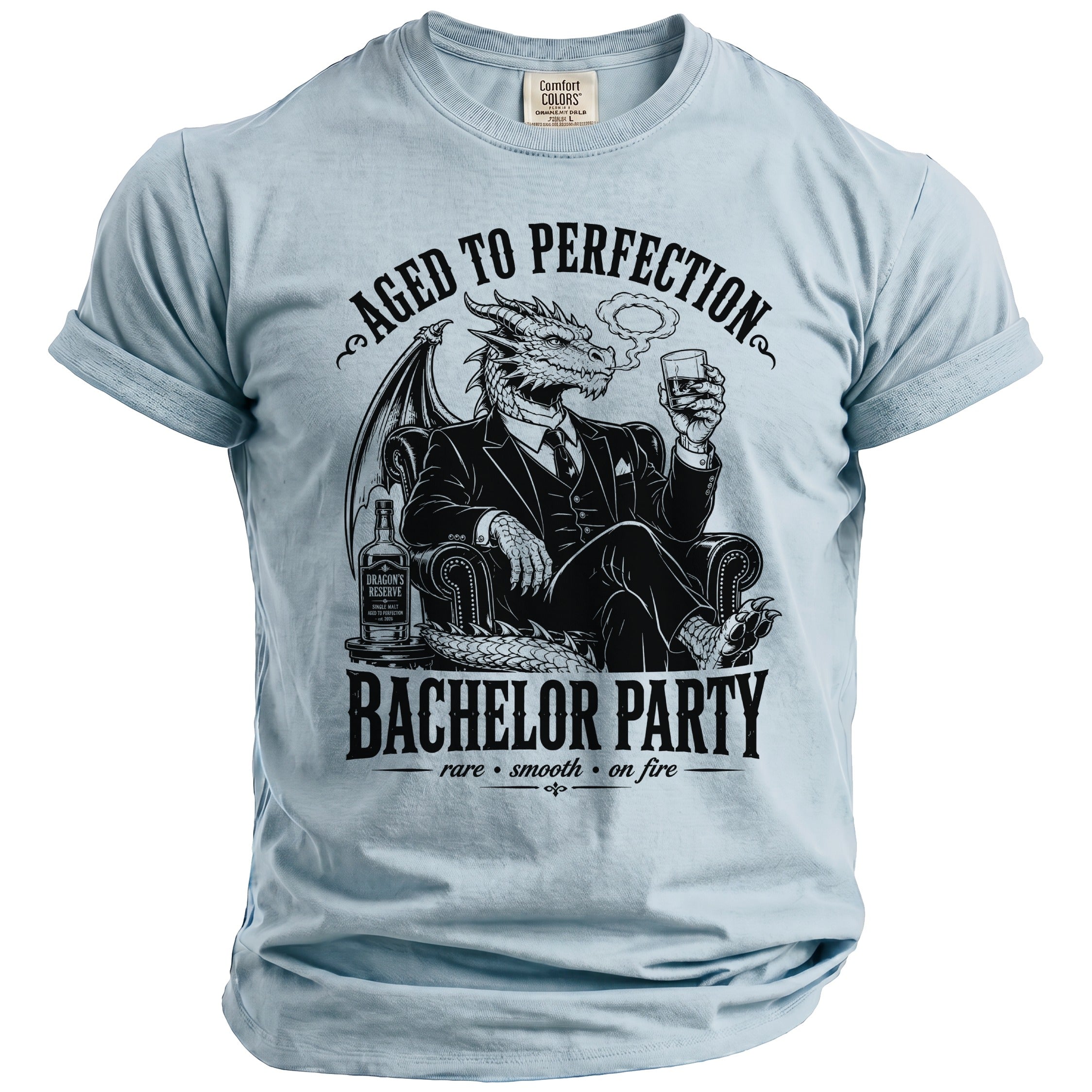 Aged to Perfection Bachelor Party dragon in suit with whiskey.