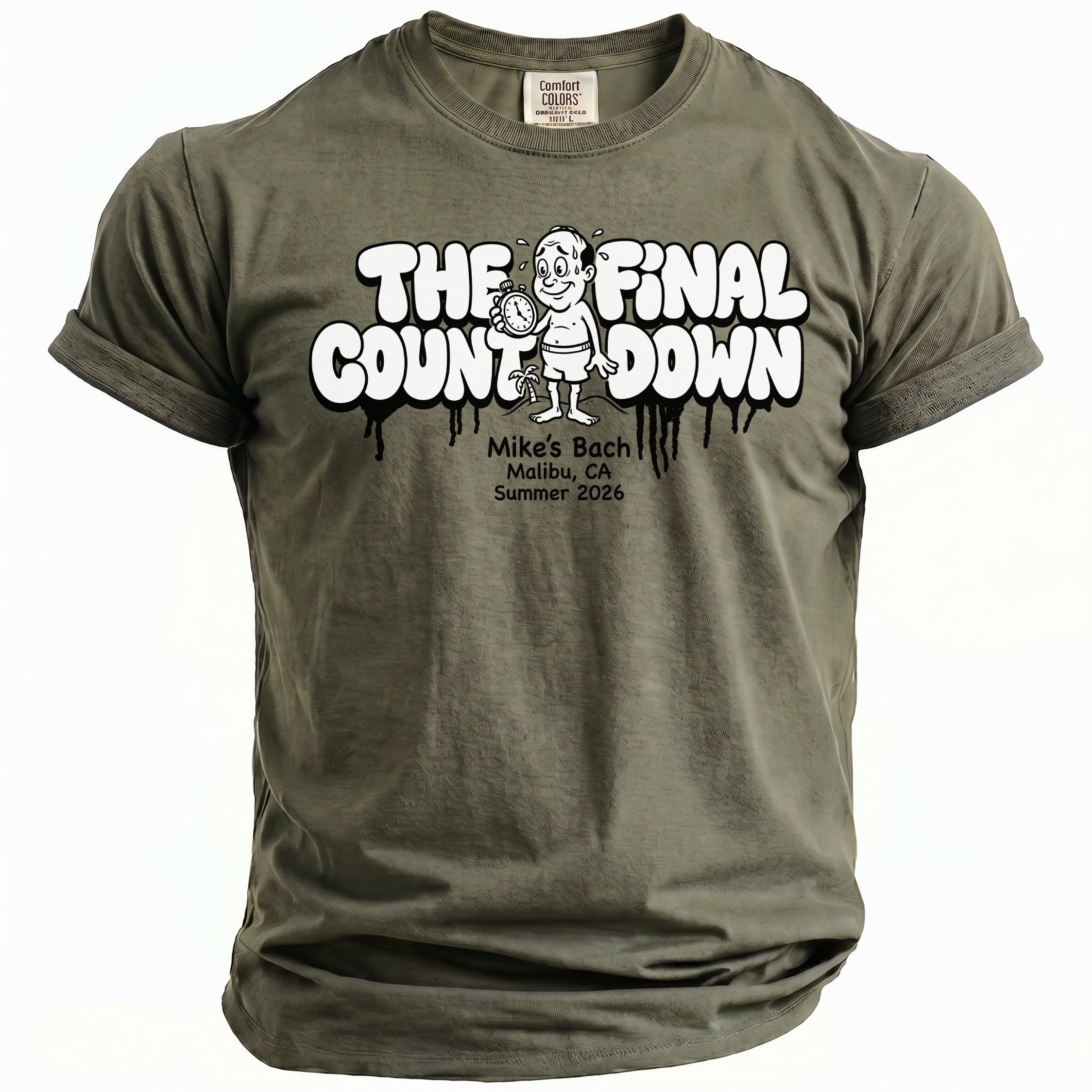 Olive t-shirt with "The Final Countdown" graphic and event details.