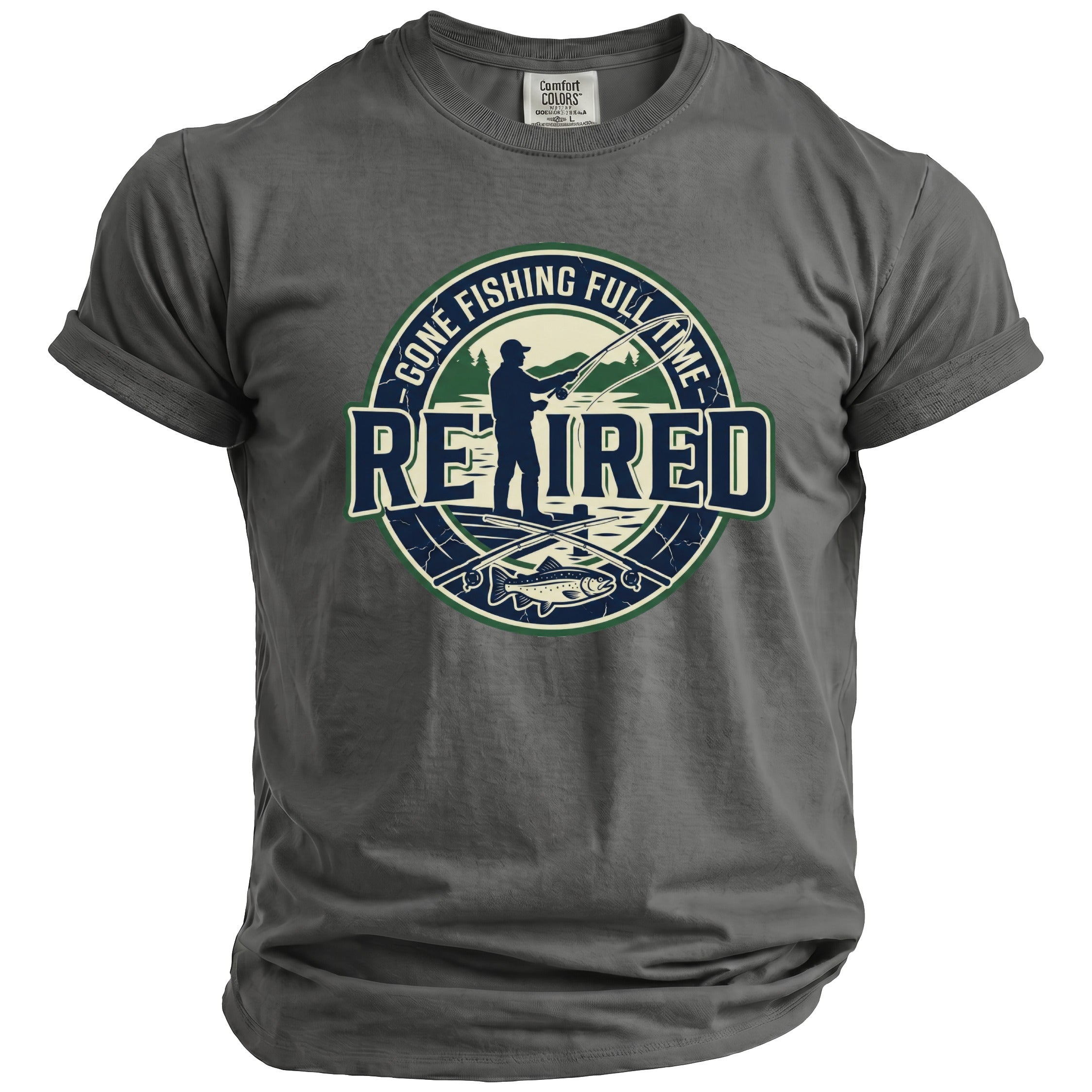 Grey t-shirt with "Retired Gone Fishing Full Time" graphic of a fisherman and fish.
