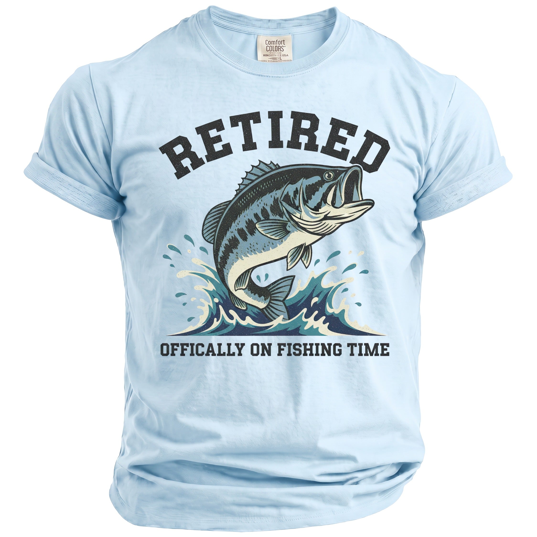 Light blue t-shirt with "RETIRED" and a bass fish jumping out of water.