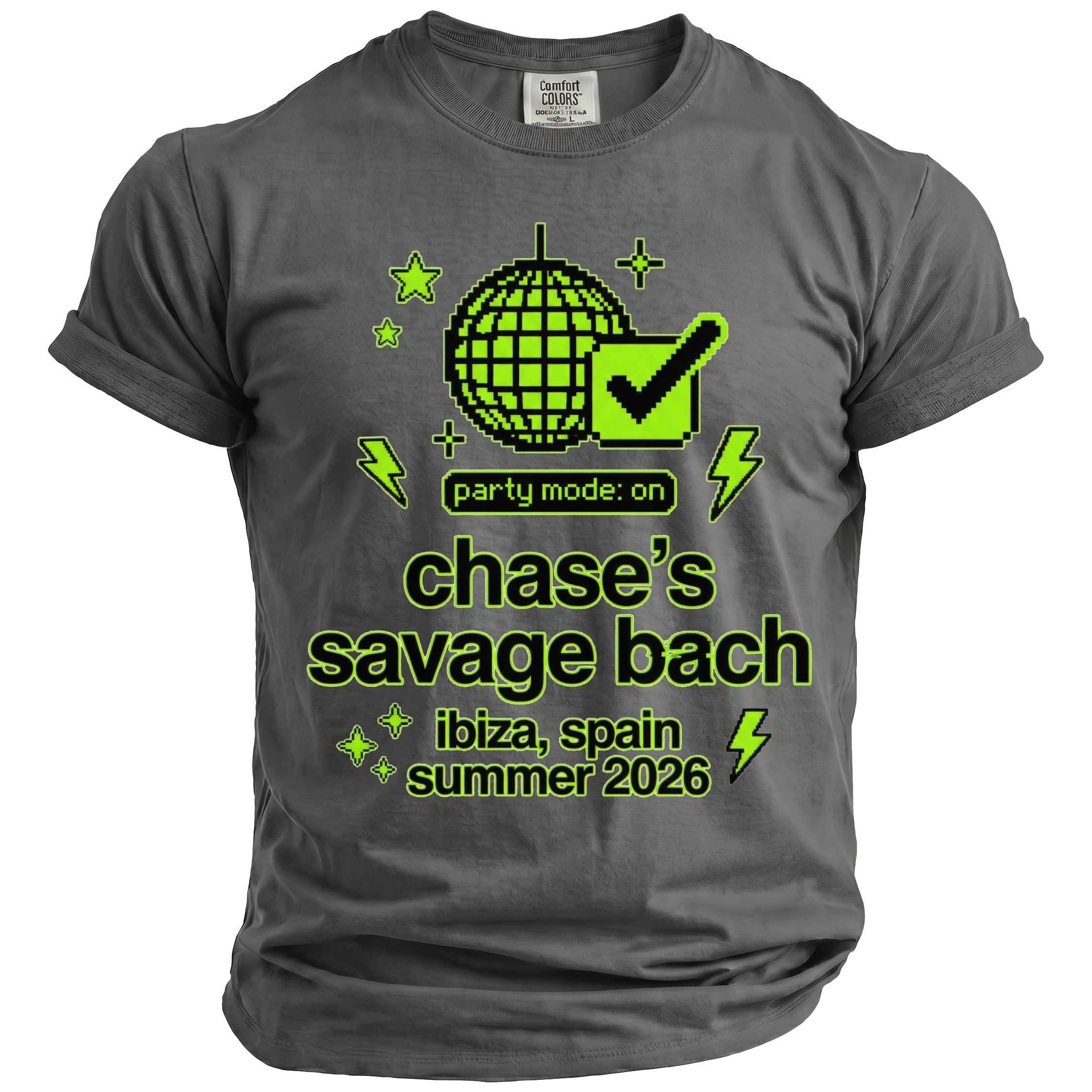 Gray t-shirt with neon green graphic: disco ball, lightning, and text.