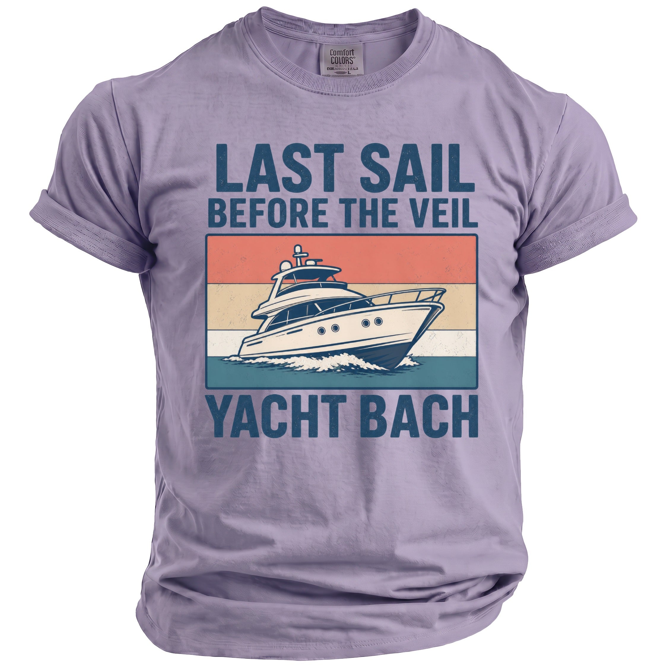 Purple t-shirt with "LAST SAIL BEFORE THE VEIL YACHT BACH" text and yacht graphic.