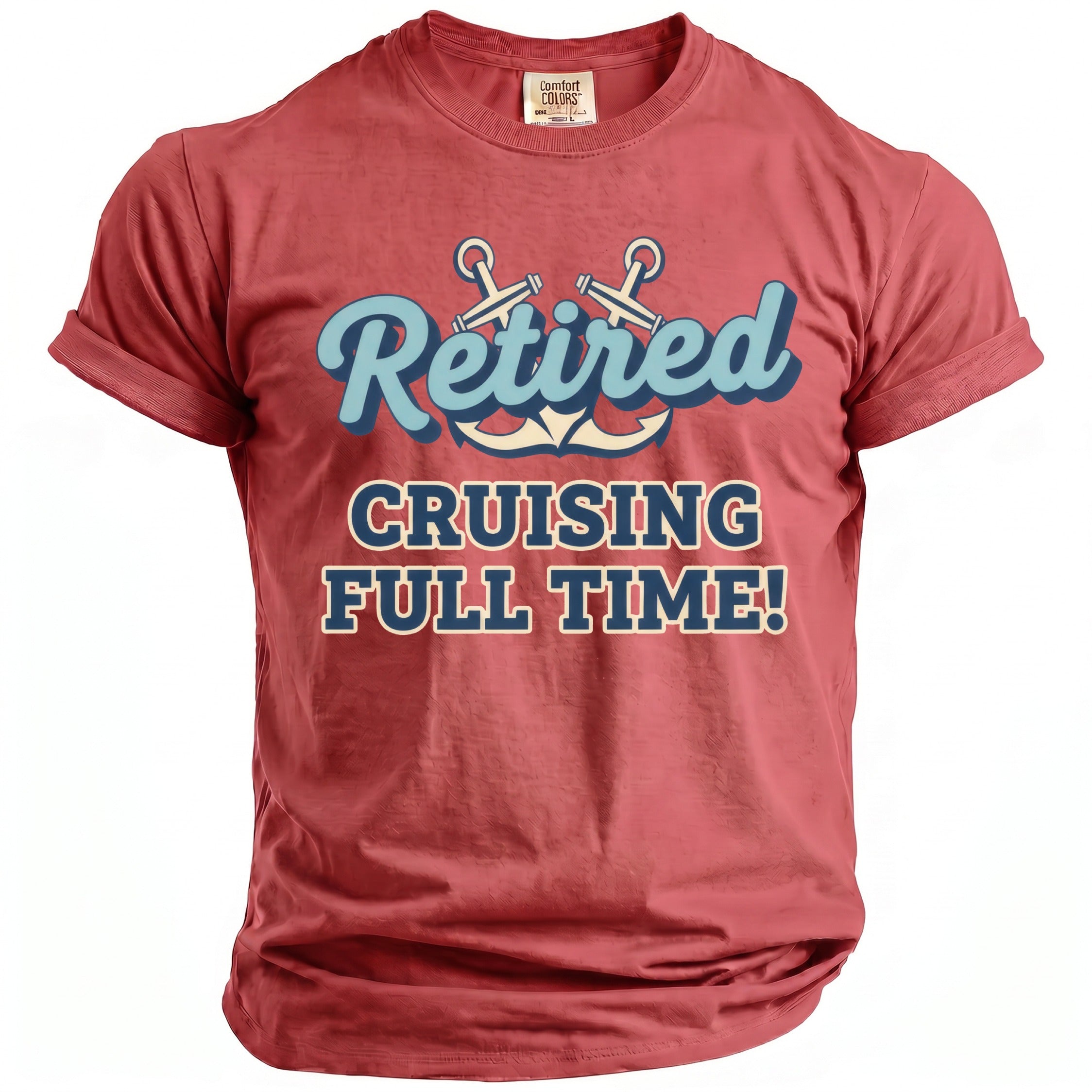 Red t-shirt with "Retired Cruising Full Time!" text and anchors.