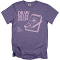 Purple t-shirt with "DRAW THE LIFE YOU LIKE" and art supplies graphic.