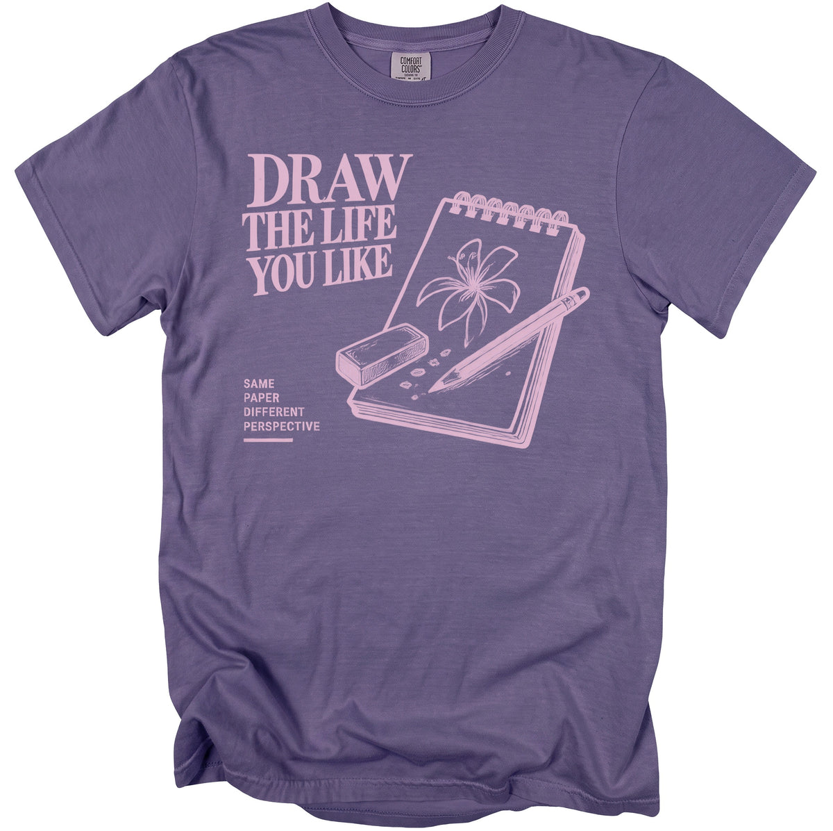 Purple t-shirt with "DRAW THE LIFE YOU LIKE" and art supplies graphic.