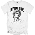 White t-shirt with black text "MY EYES ARE UP HERE" above a drawing of a classical statue head.