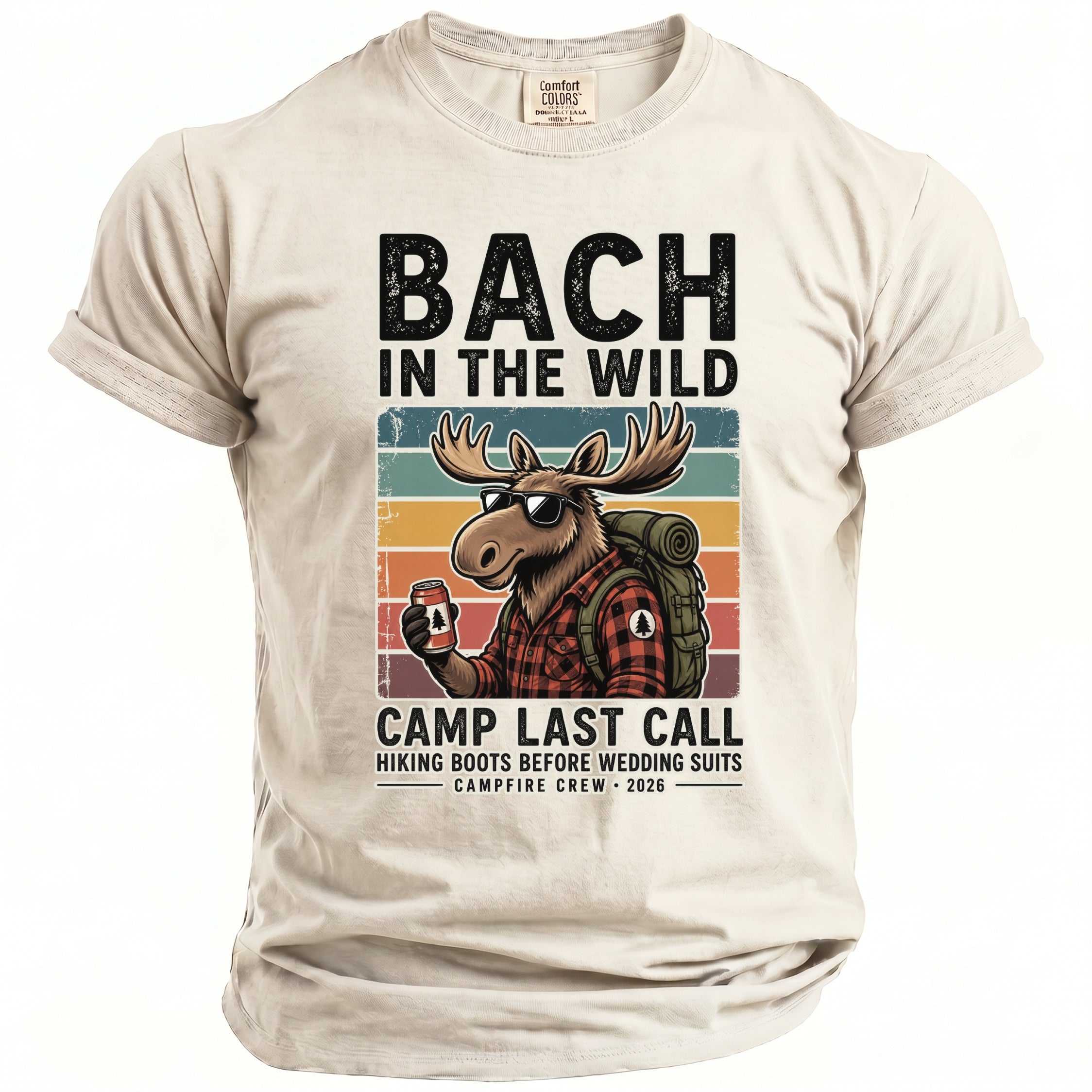 T-shirt graphic with moose holding a can, "BACH IN THE WILD CAMP LAST CALL."