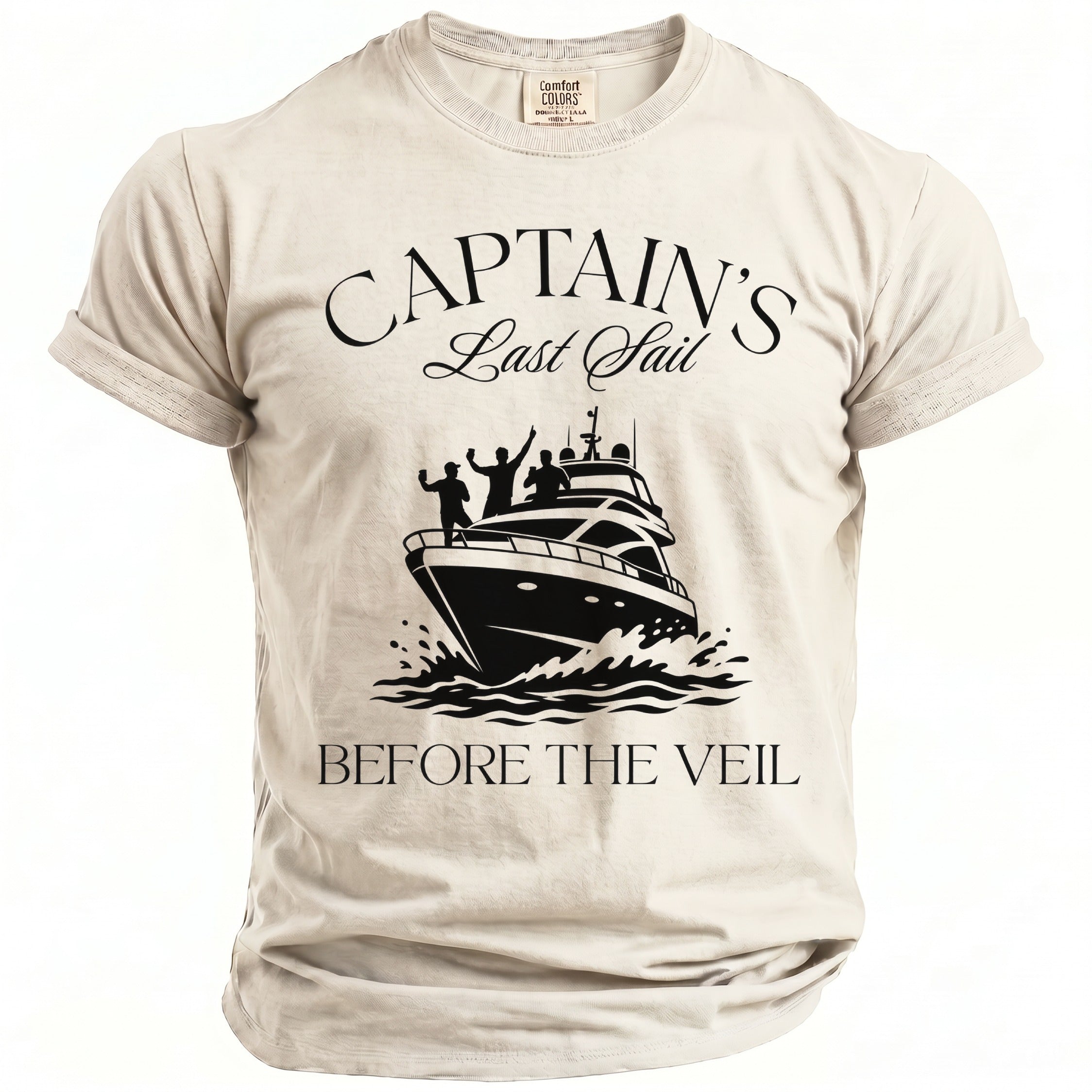 T-shirt with text "Captain's Last Sail Before The Veil" and boat graphic.