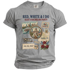 Grey t-shirt with "Red, White & I Do Alex's Bachelor Party July 4th, 2026" design.