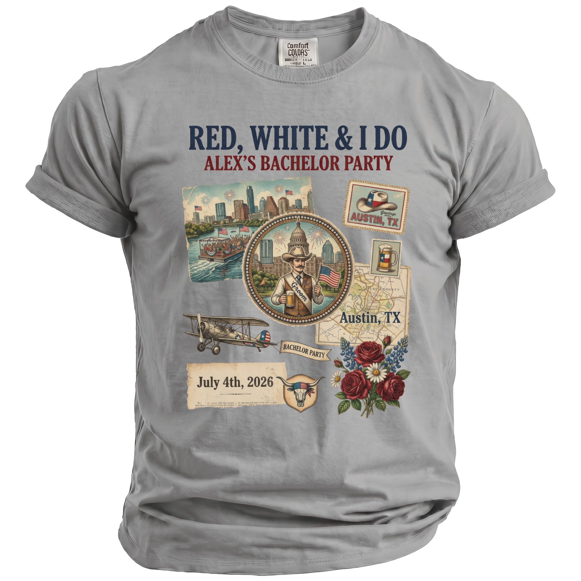 Grey t-shirt with "Red, White & I Do Alex's Bachelor Party July 4th, 2026" design.
