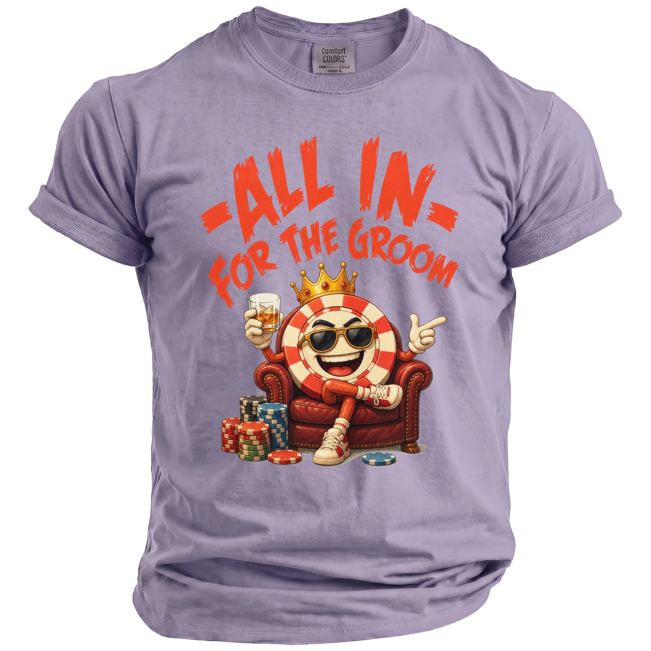 T-shirt with orange text "ALL IN FOR THE GROOM" and a cartoon poker chip.