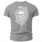 Grey t-shirt with a white illustrative design of a snake coiled around a skull and flowers.