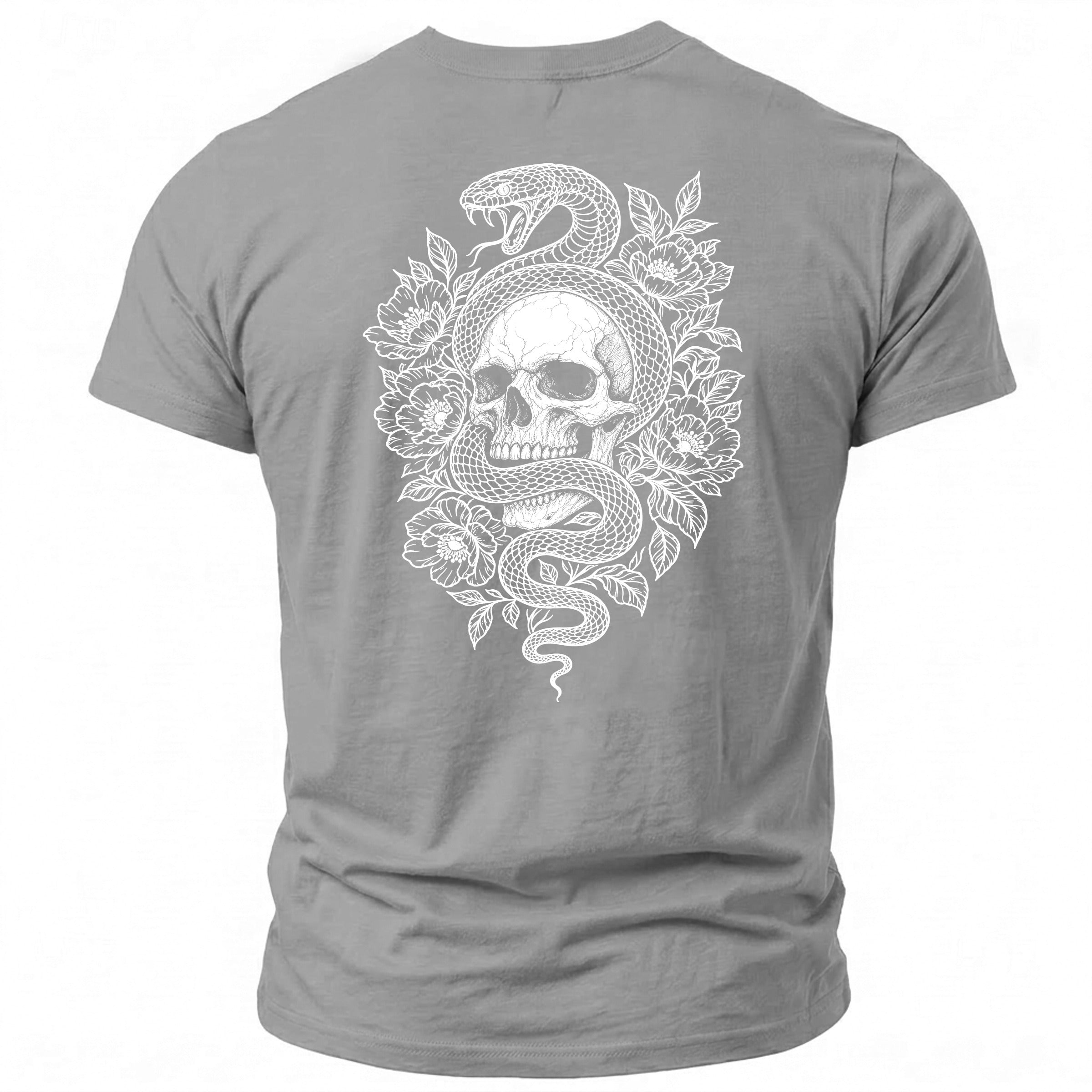 Grey t-shirt with a white illustrative design of a snake coiled around a skull and flowers.