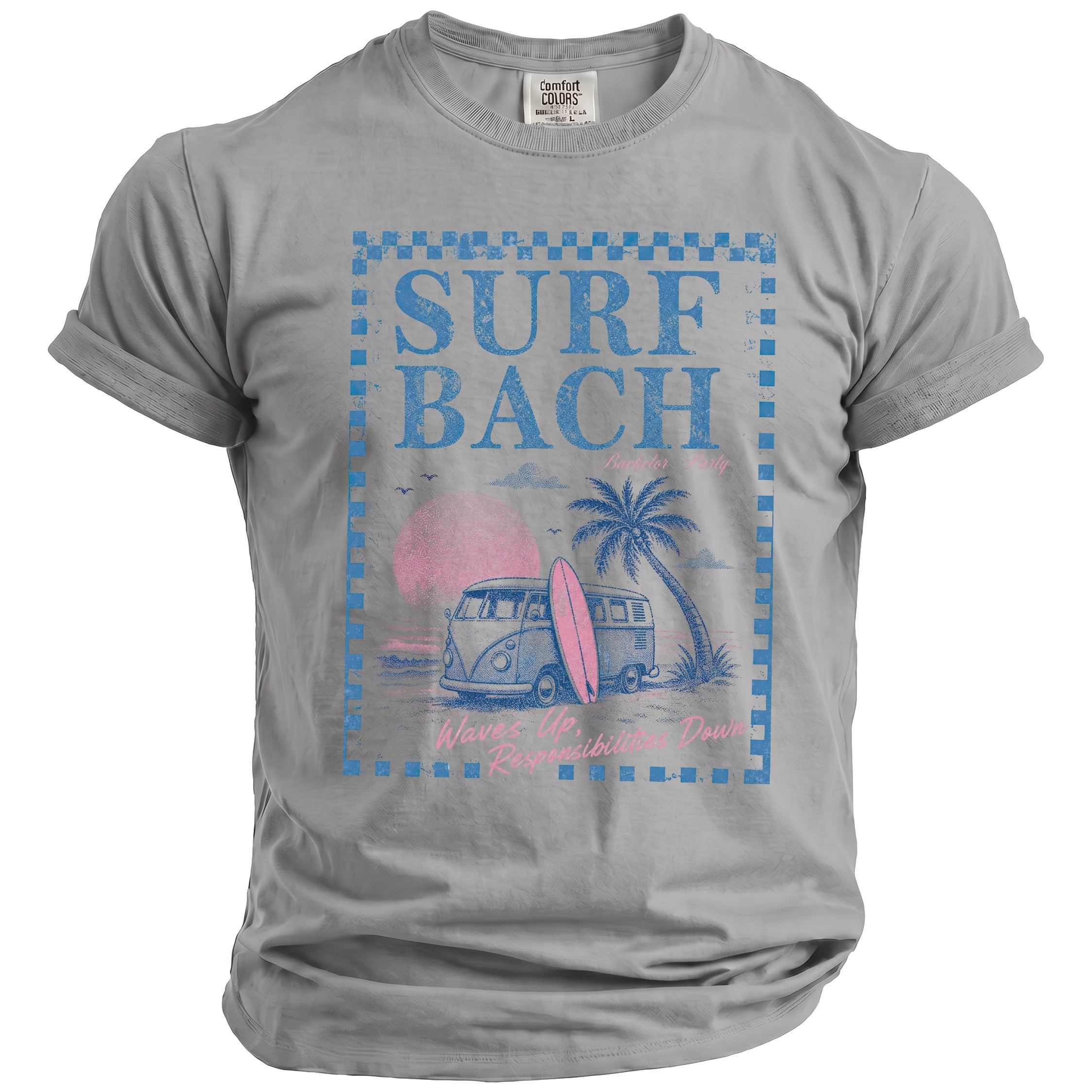 Grey t-shirt with blue distressed graphic of van, surfboard, palm tree, and text.