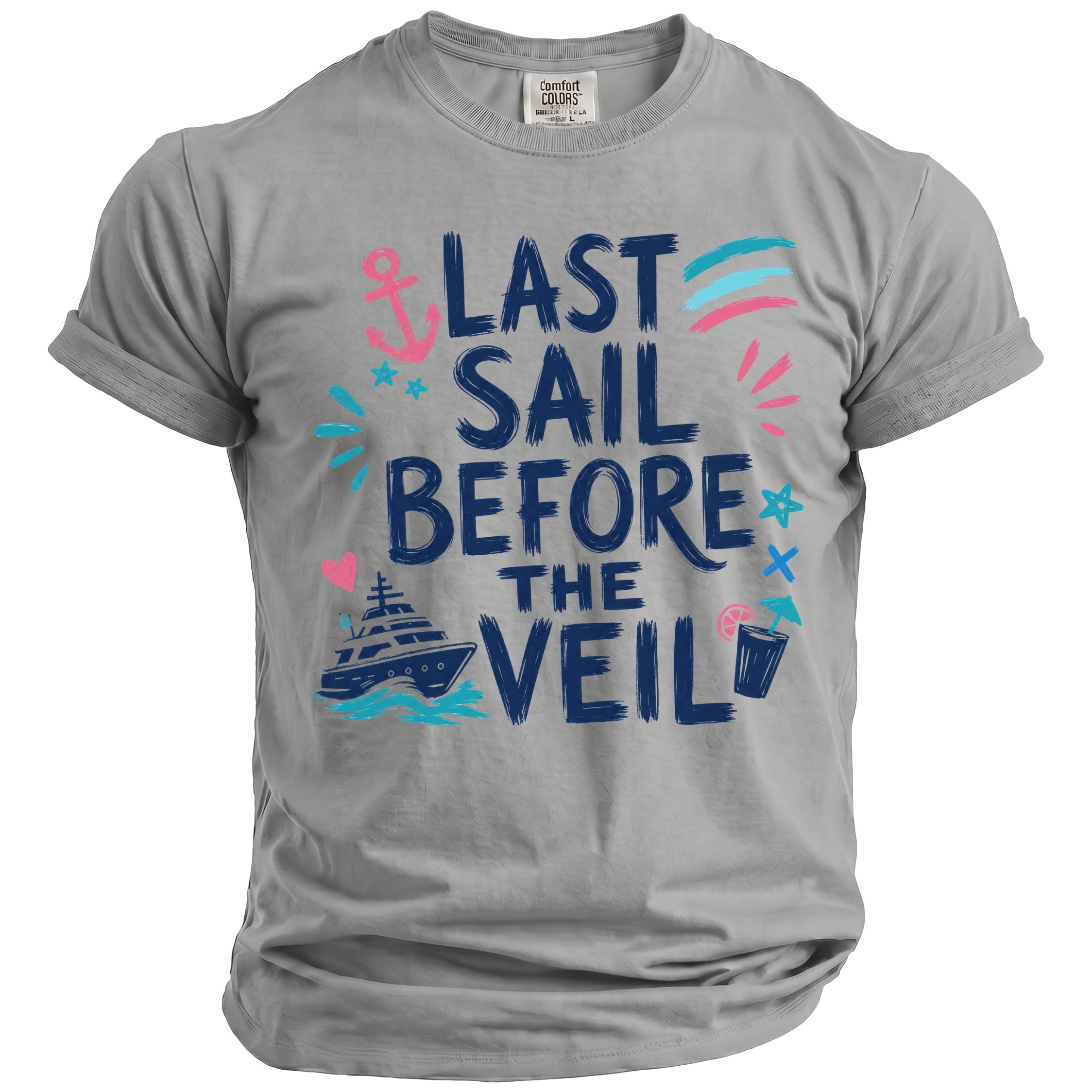 Gray t-shirt featuring blue text reading LAST SAIL BEFORE THE VEIL with nautical graphics.